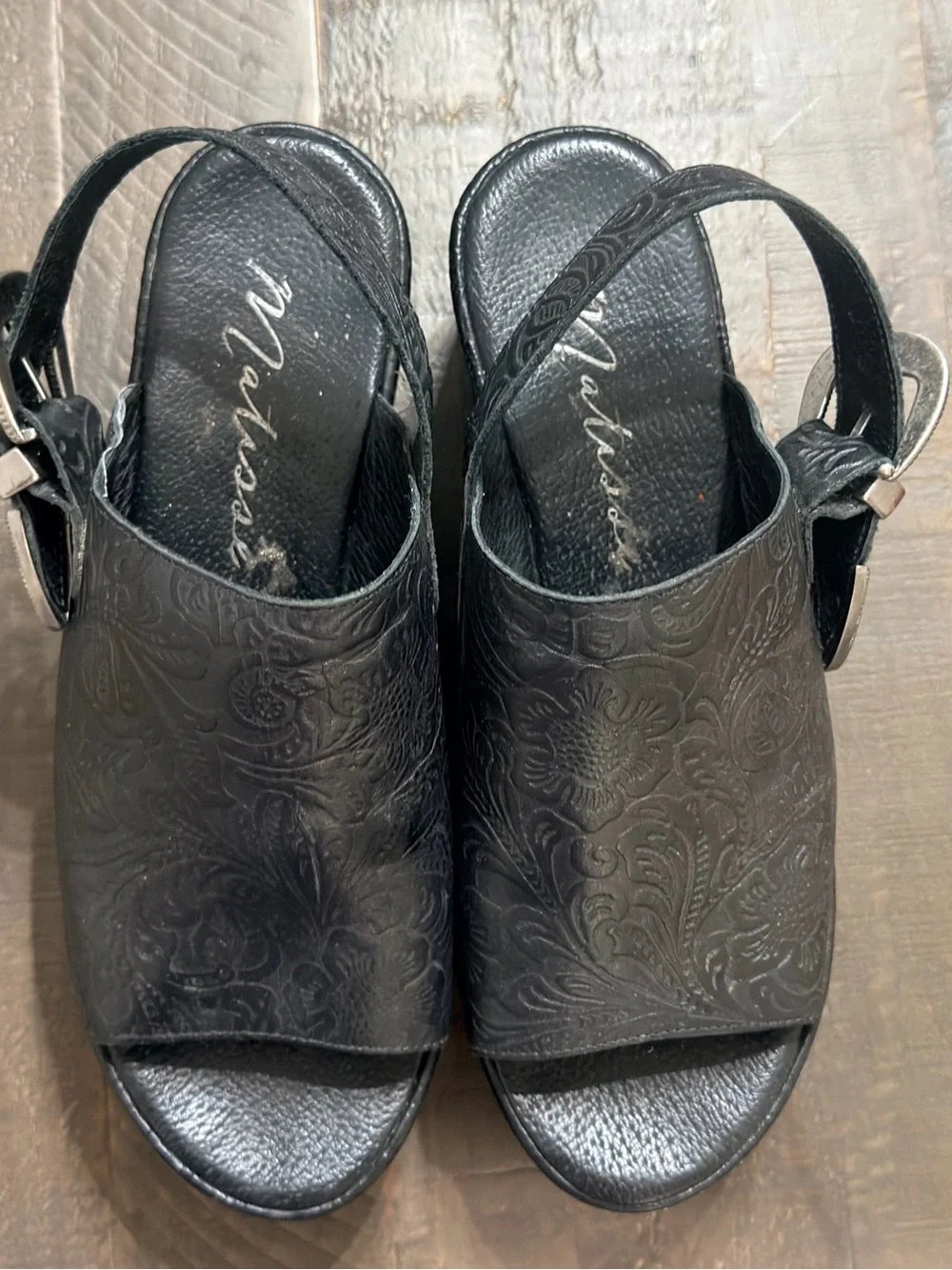 Free People Black Embossed Leather Slingback Platform Sandals